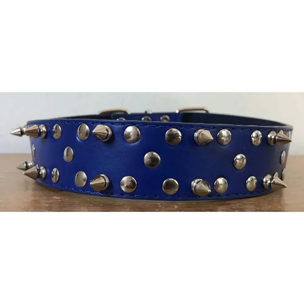 Royal Blue Vegan Faux Leather Studded Spiked Dog Collar Large 27.5